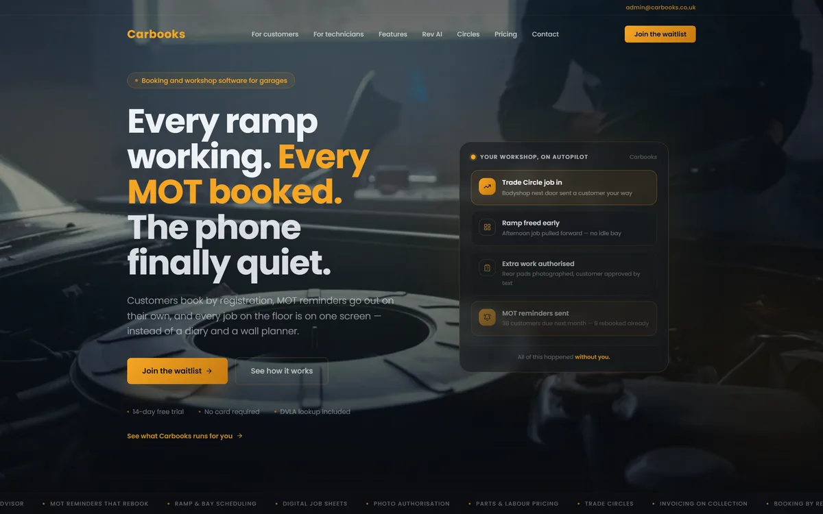 Carbooks — Garages, MOT & servicing — homepage hero